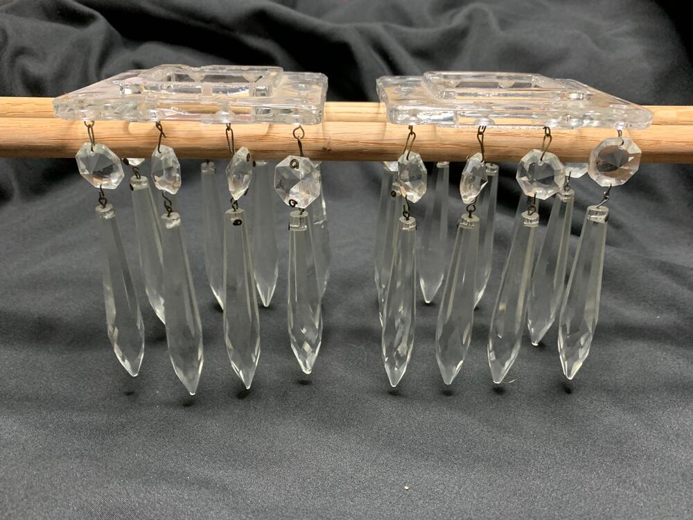 Vintage Lead Crystal Square Bobeches 16 Hanging Prisms Chandelier Pair